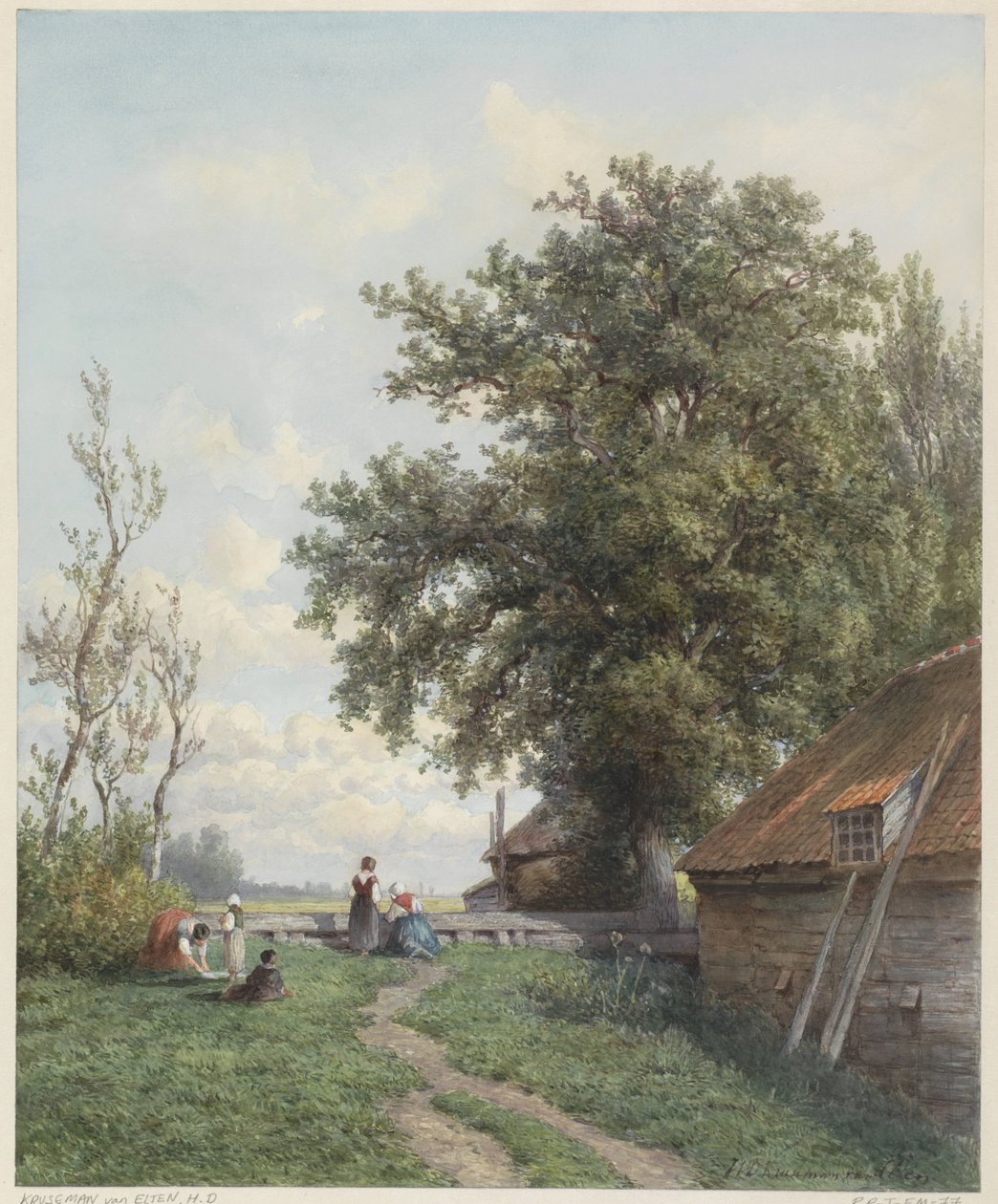 Gårdsgård med några figurer, till höger en lada och stort träd av Hendrik Dirk Kruseman van Elten