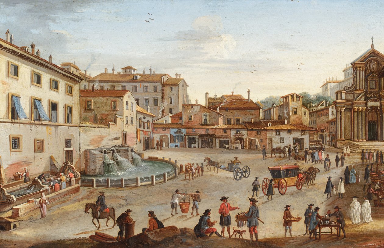 Rom, vy över Palazzo Barberini med många figurer (olja på koppar) av Hendrik Frans van called lo Studio (circle of) Lint