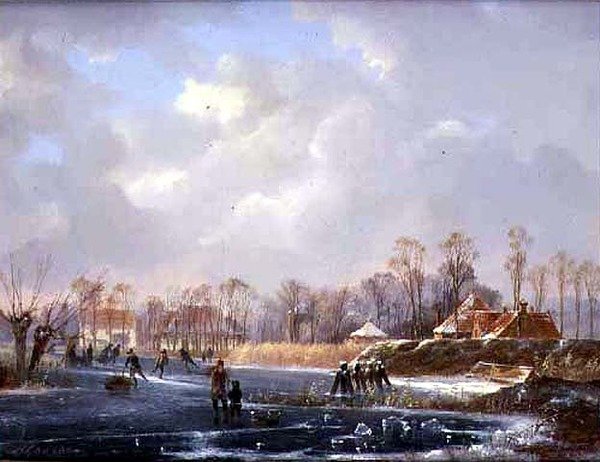 Landskap med figurer på en frusen flod (olja på duk) av Hendrik Gerrit ten Cate