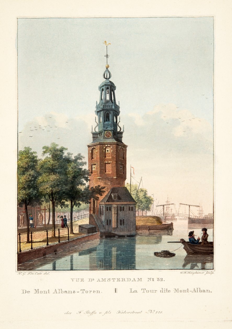 Utsikt över Amsterdam No.32. Från Mount Albans-Toren. Tornet som heter Mont-Alban, 1825 (handfärgad gravyr) av Hendrik Gerrit ten Cate