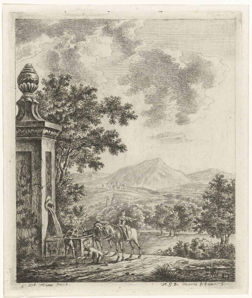 Landskap med figurer nära en brunn av Hendrik Godart de Marée