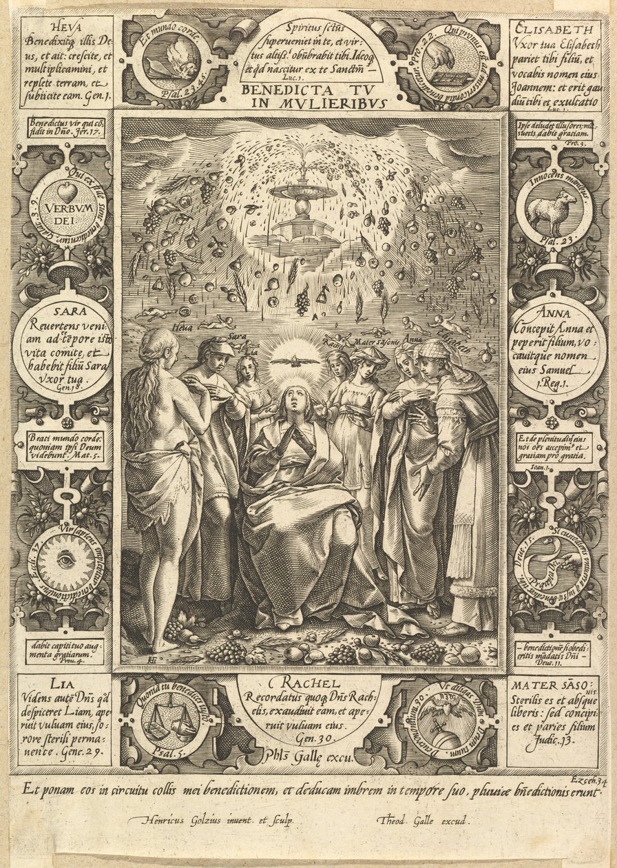 Välsignad är du bland kvinnor, från kristna och profana allegorier. av Hendrik Goltzius