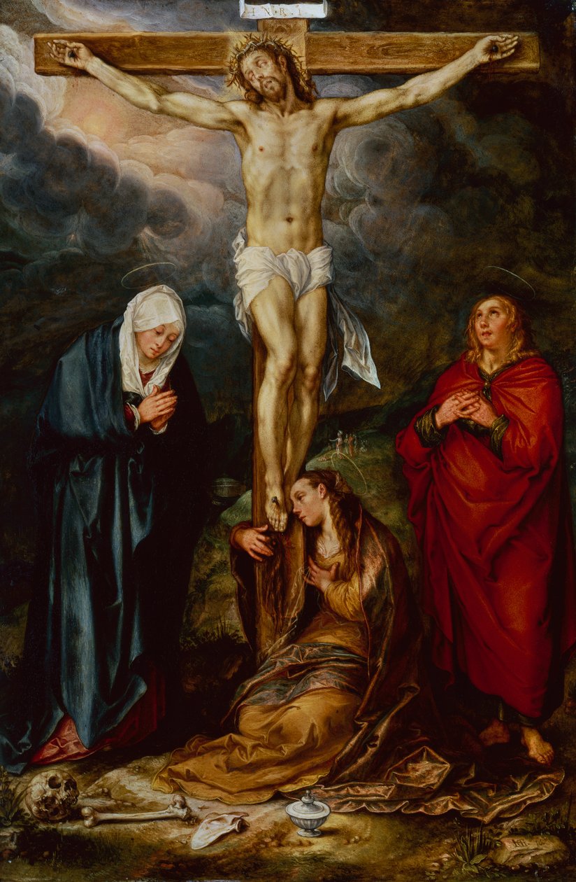 Kristus på korset, med Maria, Johannes och Magdalena (olja på koppar) av Hendrik Goltzius