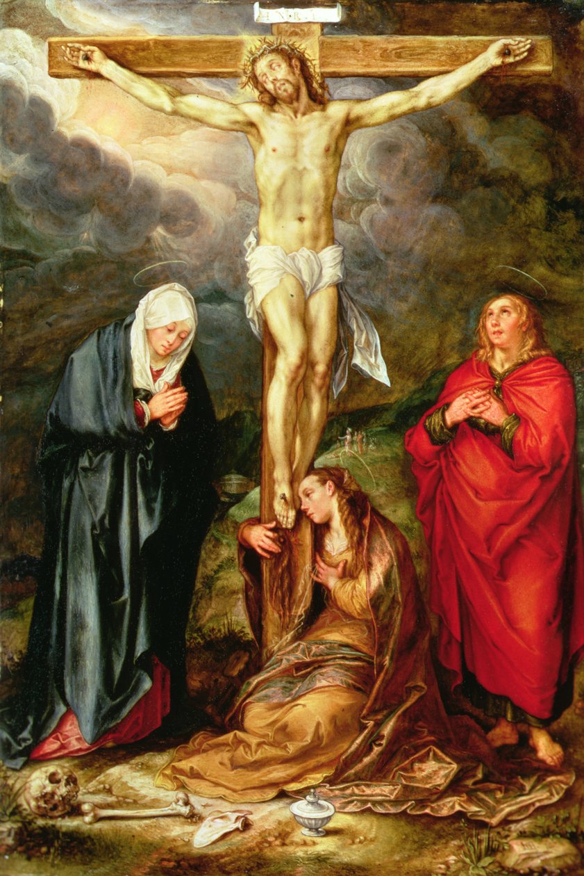 Kristus på korset, med Maria, Johannes och Magdalena, ca 1600 (olja på koppar) av Hendrik Goltzius