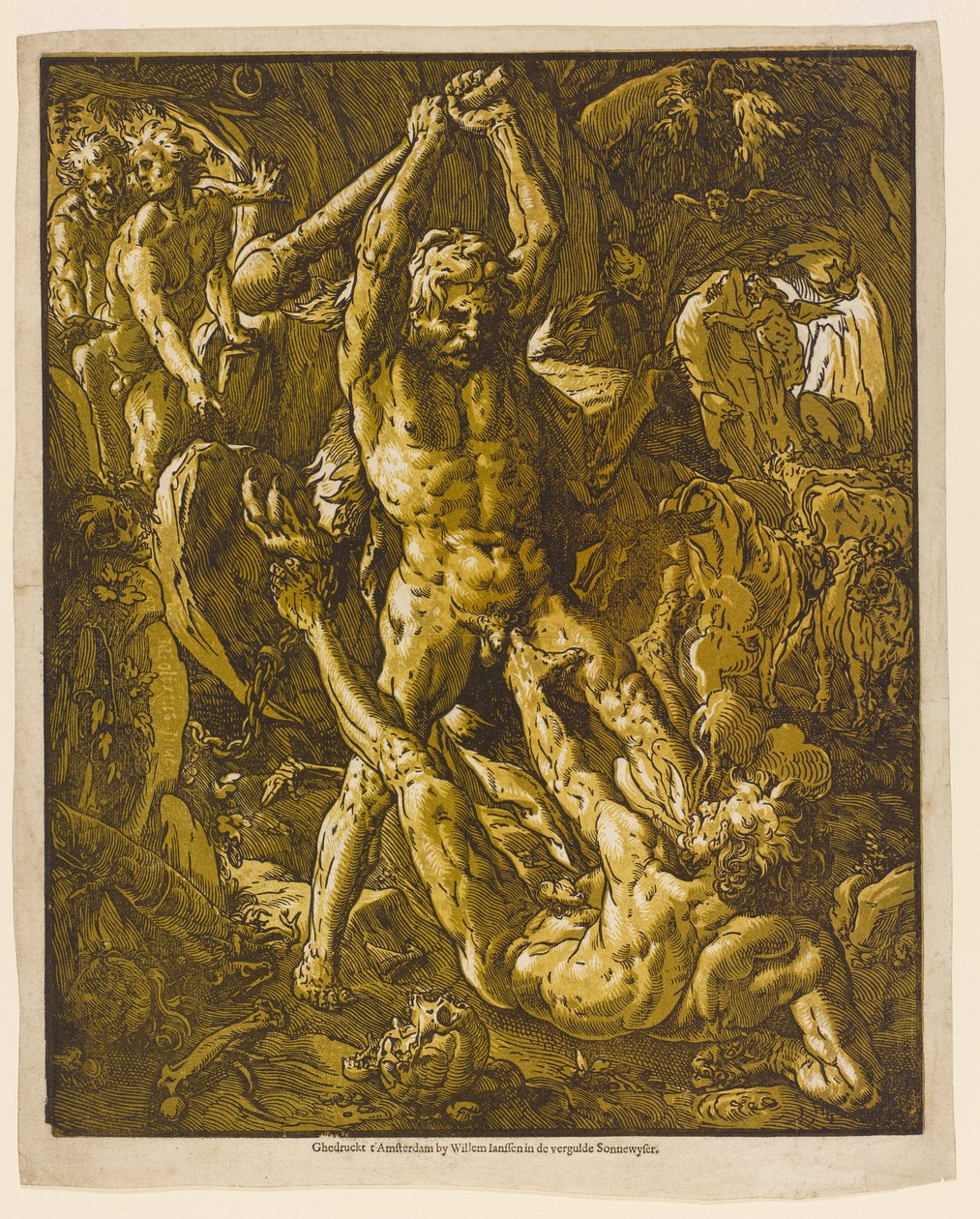 Hercules och Cacus, 1588 (chiaroscuro träsnitt på lagt papper) av Hendrik Goltzius