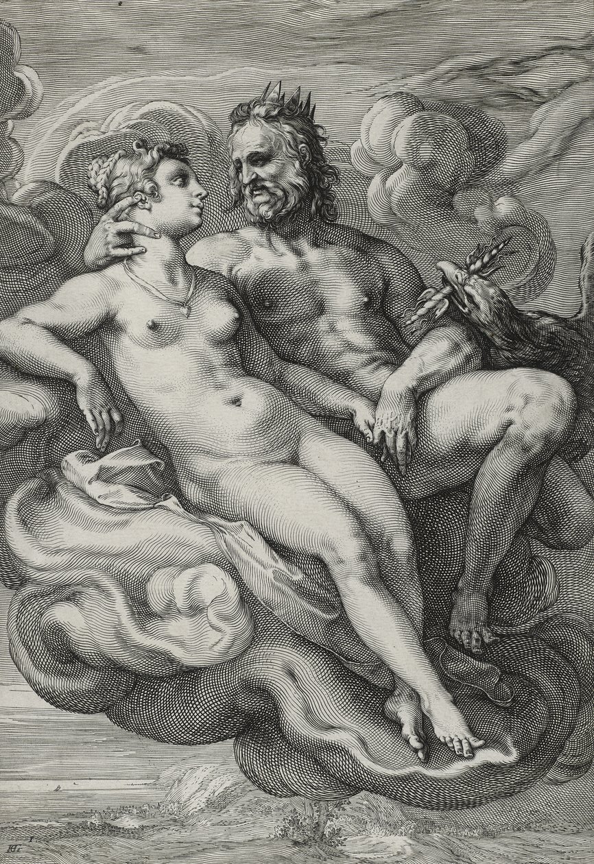 Jupiter och Juno, ca 1593-94 (gravyr på lagt papper) av Hendrik Goltzius