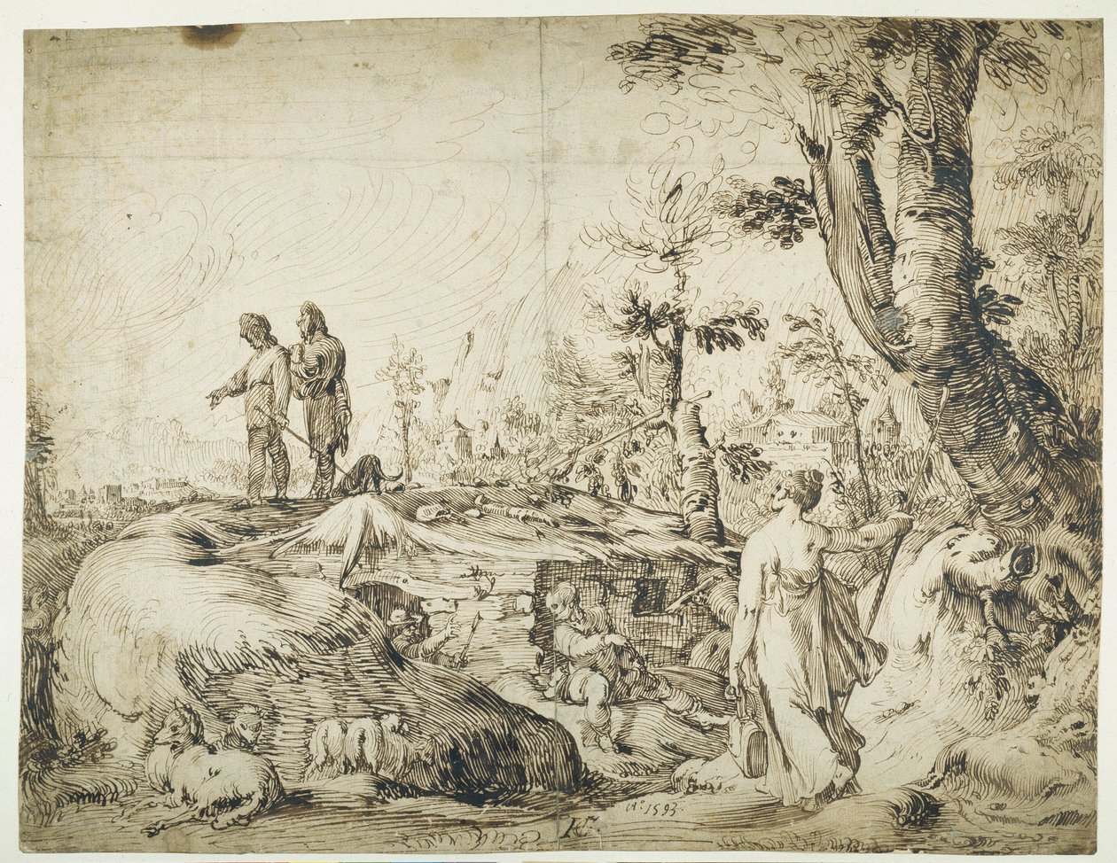 Landskap med bönder vid en koja av Hendrik Goltzius