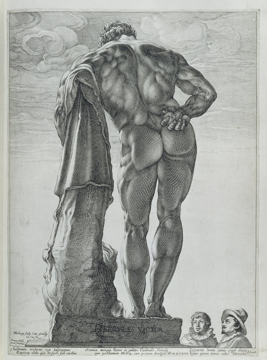 Bakifrån av Farnese Hercules (koppargravyr) av Hendrik Goltzius