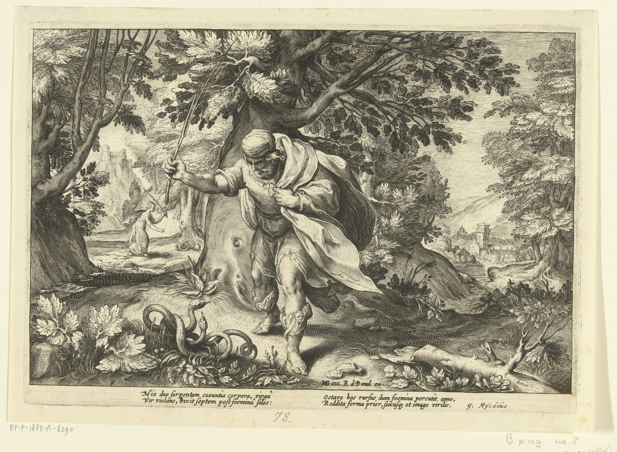 Teiresias slår två parande ormar, från Ovidius Metamorphoses av Hendrik Goltzius