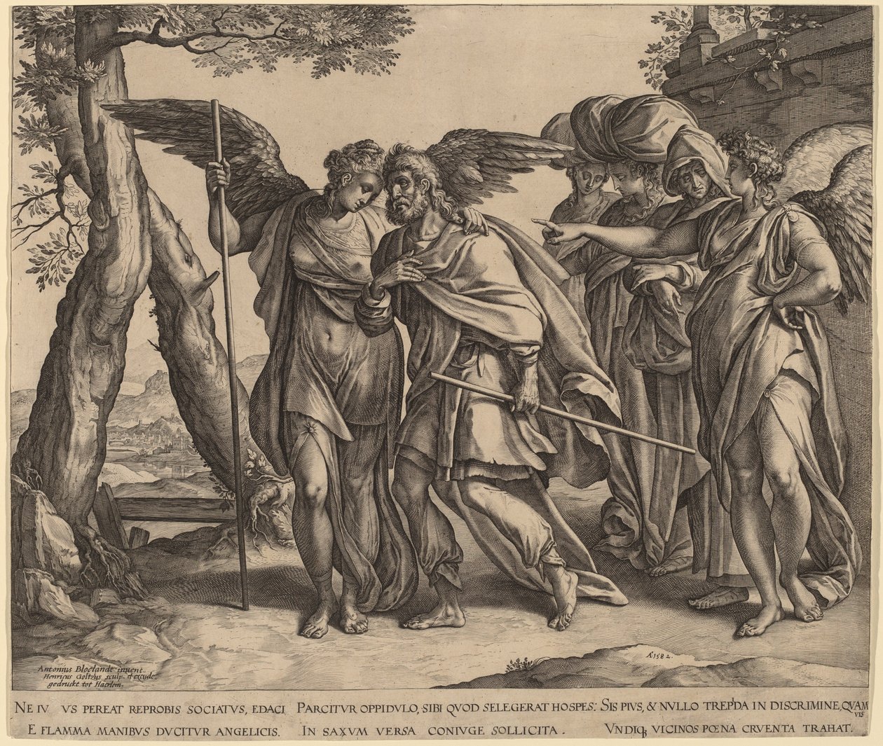 Lot och hans döttrar lämnar Sodom av Hendrik Goltzius after Anthonie van Blocklandt