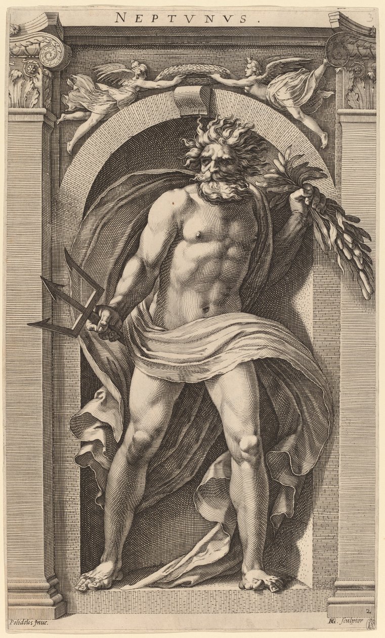 Neptunus av Hendrik Goltzius after Polidoro da Caravaggio