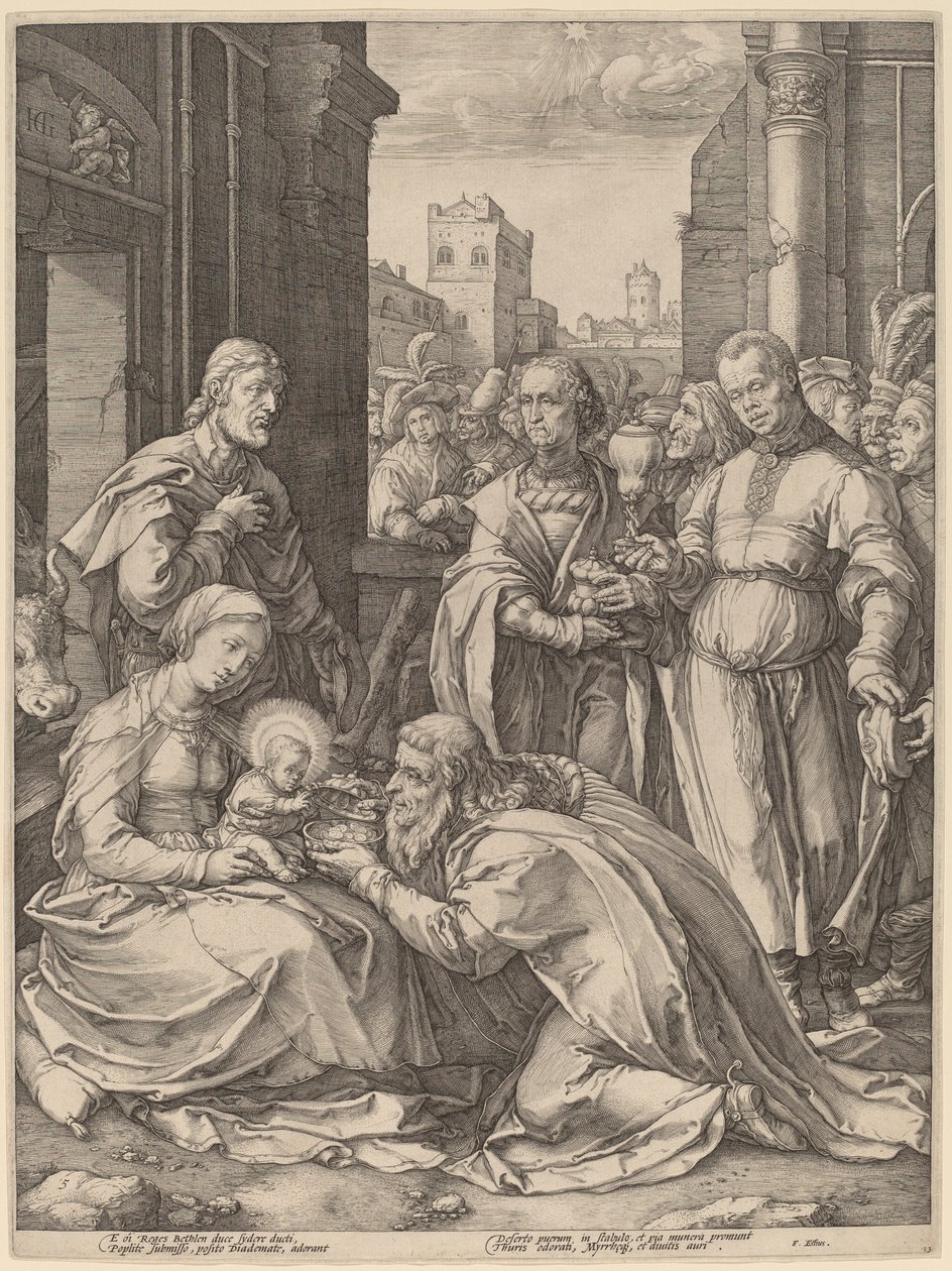 Tillbedjan av Magi av Hendrik Goltzius in the style of Lucas van Leyden