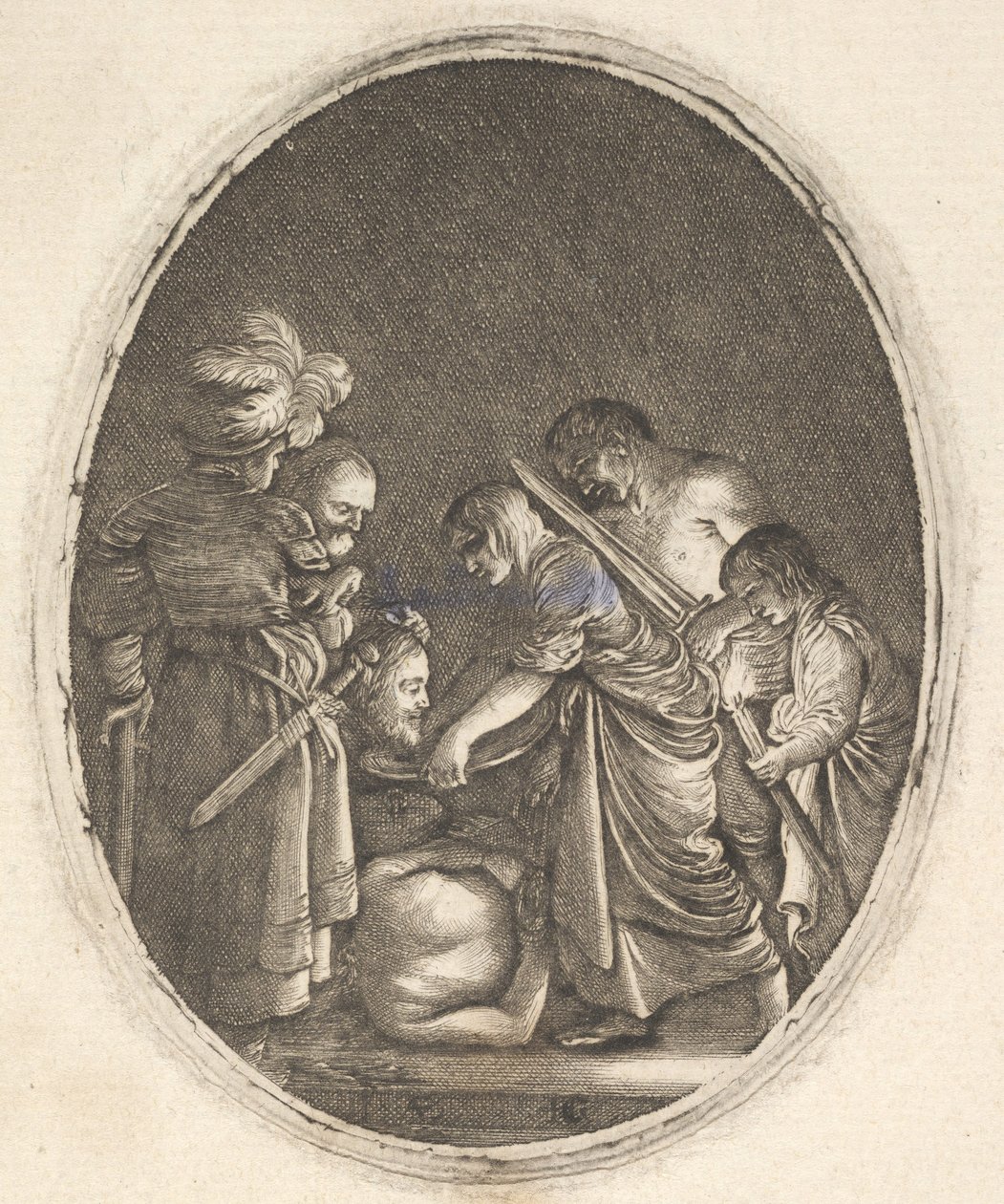 Salome tar emot Johannes Döparens huvud, omgiven av tre män och ett barn..., ca. 1610. av Hendrik Goudt