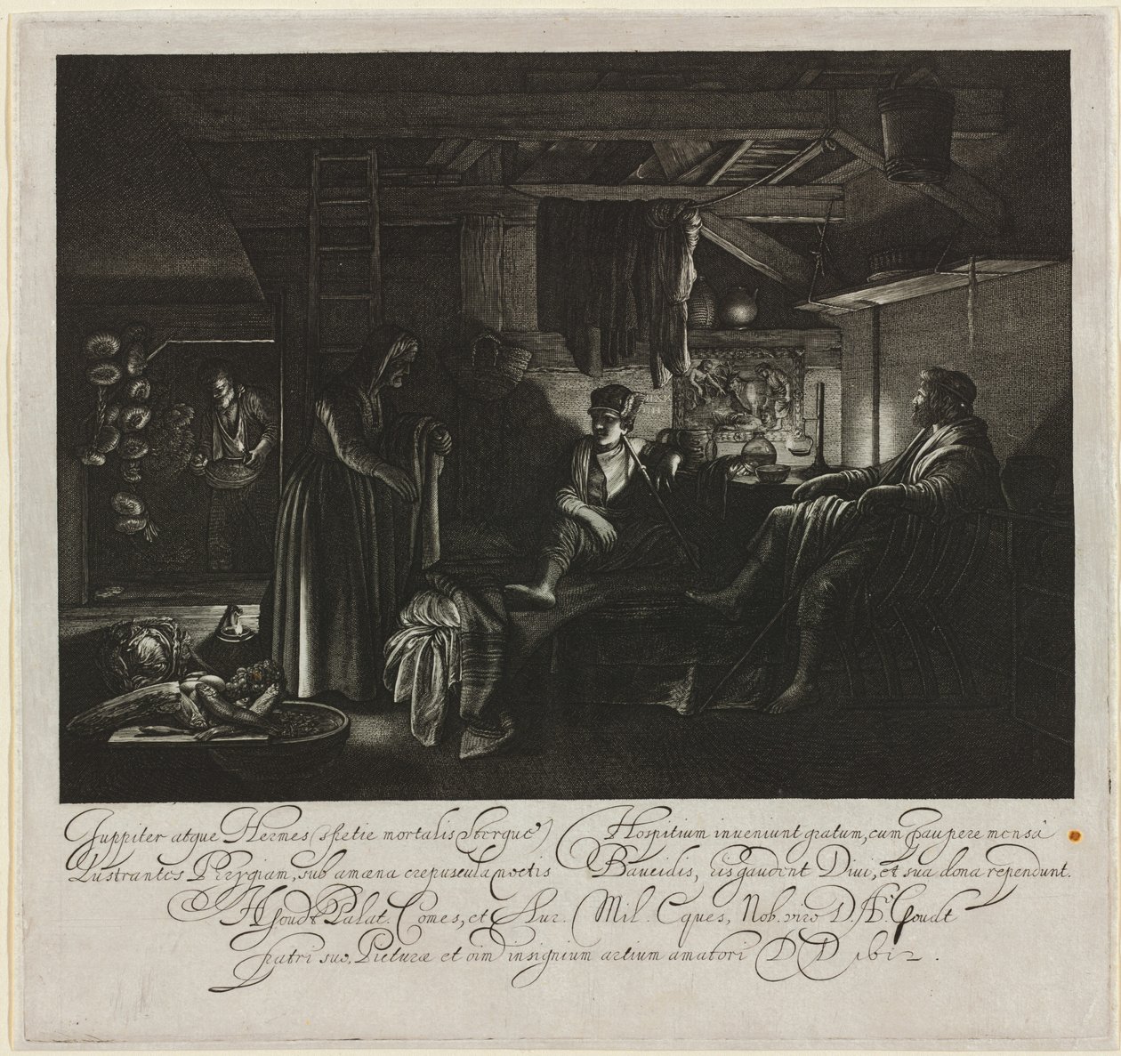 Jupiter och Merkurius i Filemons och Baucis hus av Hendrik Goudt after Adam Elsheimer