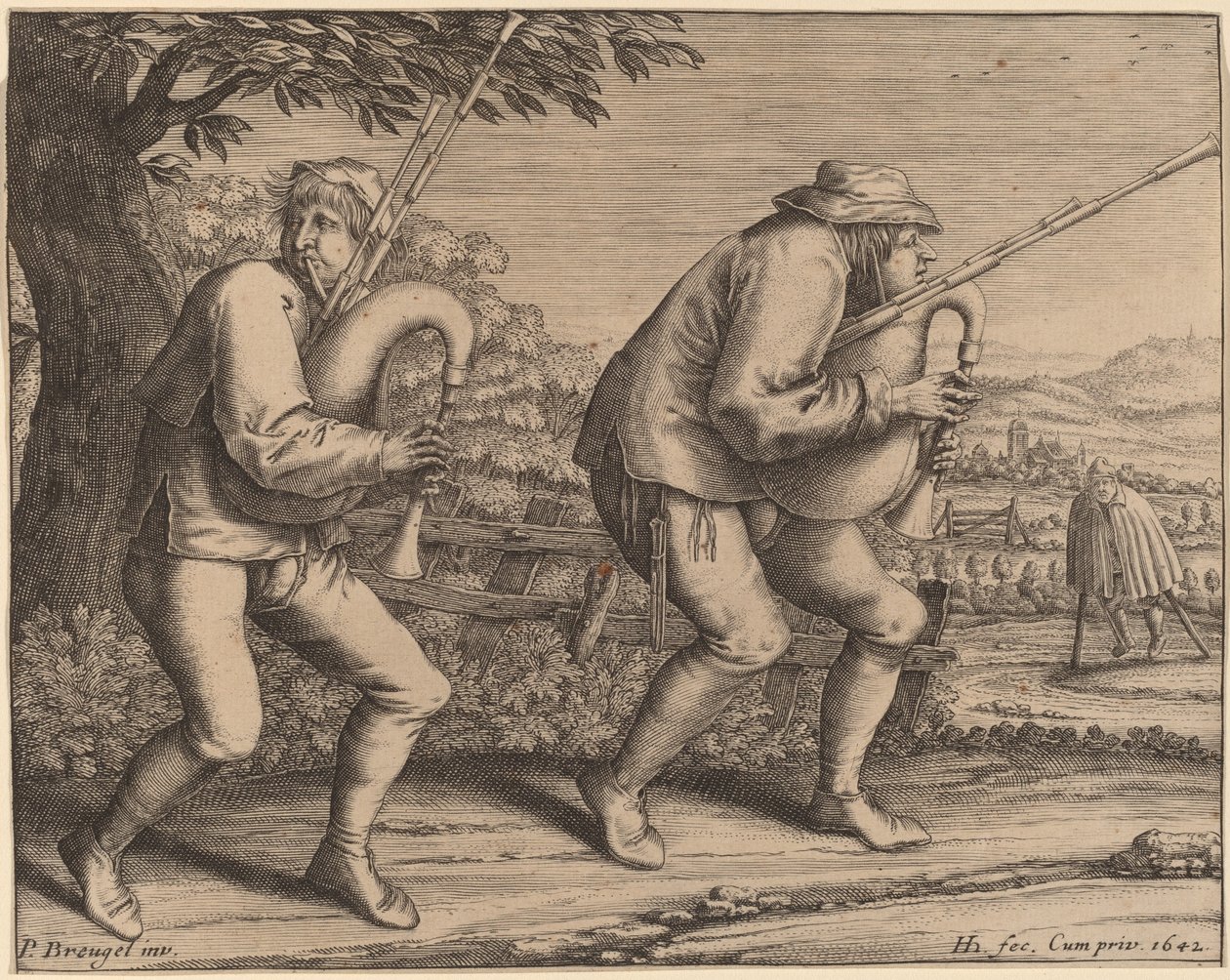 Två säckpipaspelare av Hendrik Hondius I after Pieter Bruegel the Elder