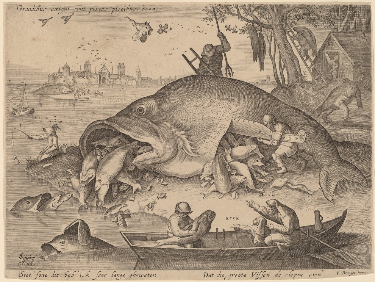 Den stora fisken ät den lilla fisken av Hendrik Hondius after Pieter Bruegel the Elder