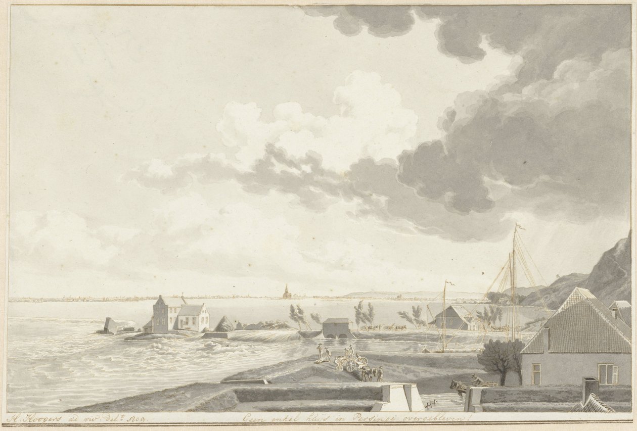 Den översvämmade Ooijpolder med Persingen i fjärran, 1809 av Hendrik Hoogers (signed by artist)