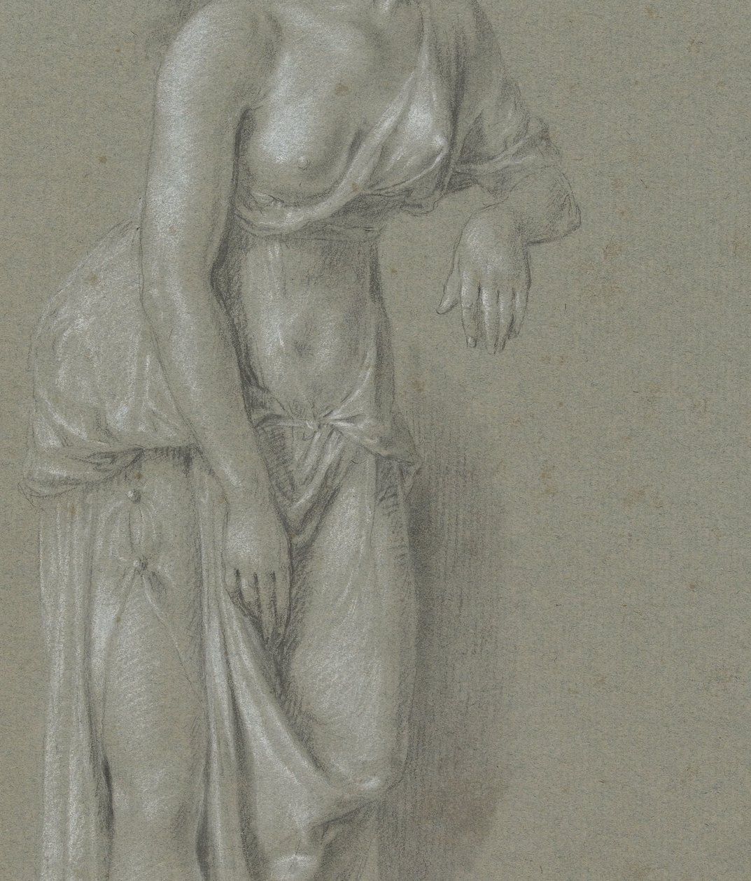 Figurstudie av en kvinna i klassisk mantel, stående tre fjärdedelar till höger av Hendrik Hoogers