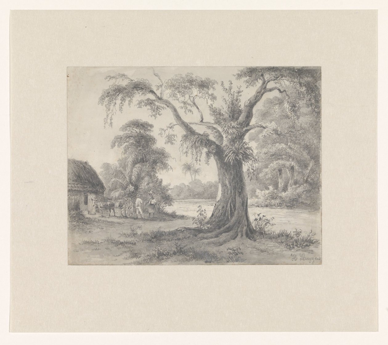 Landskap med träd och koja med häst och vagn och två figurer av Hendrik Huygens (signed by artist)