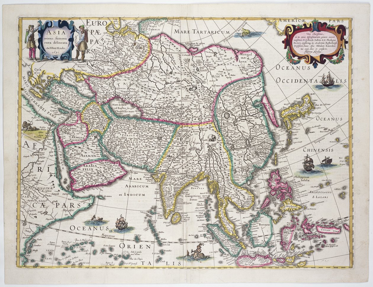 Översiktskarta med Arabien, Japan, den koreanska halvön och större delen av den indonesiska skärgården, 1631 (färggravyr) av Hendrik I Hondius