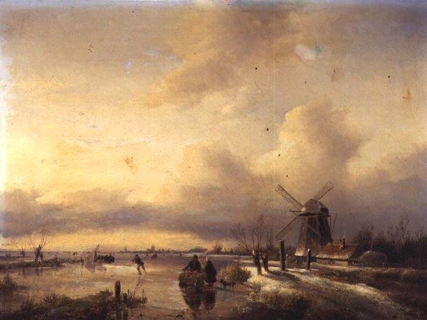 Figurer i ett fruset flodlandskap (panel) av Hendrik Jacobus Scholten