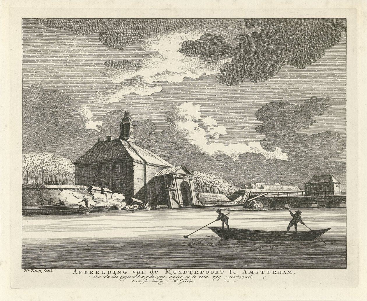 Sagging Muiderpoort, sett från Singelgracht, 1769 Bild av Muyderpoort i Amsterdam, Zoo som den kollapsade synden, kan ses från utsidan, sicksack (titel på objekt) av Hendrik Keun
