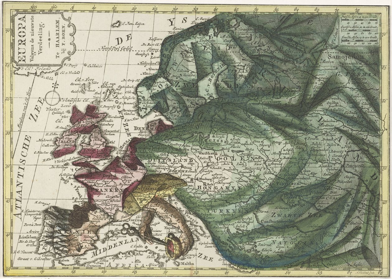 Karta över Europa, färgad som drottning Europa enligt den senaste indelningen (titel på objekt) av Hendrik Kloekhoff