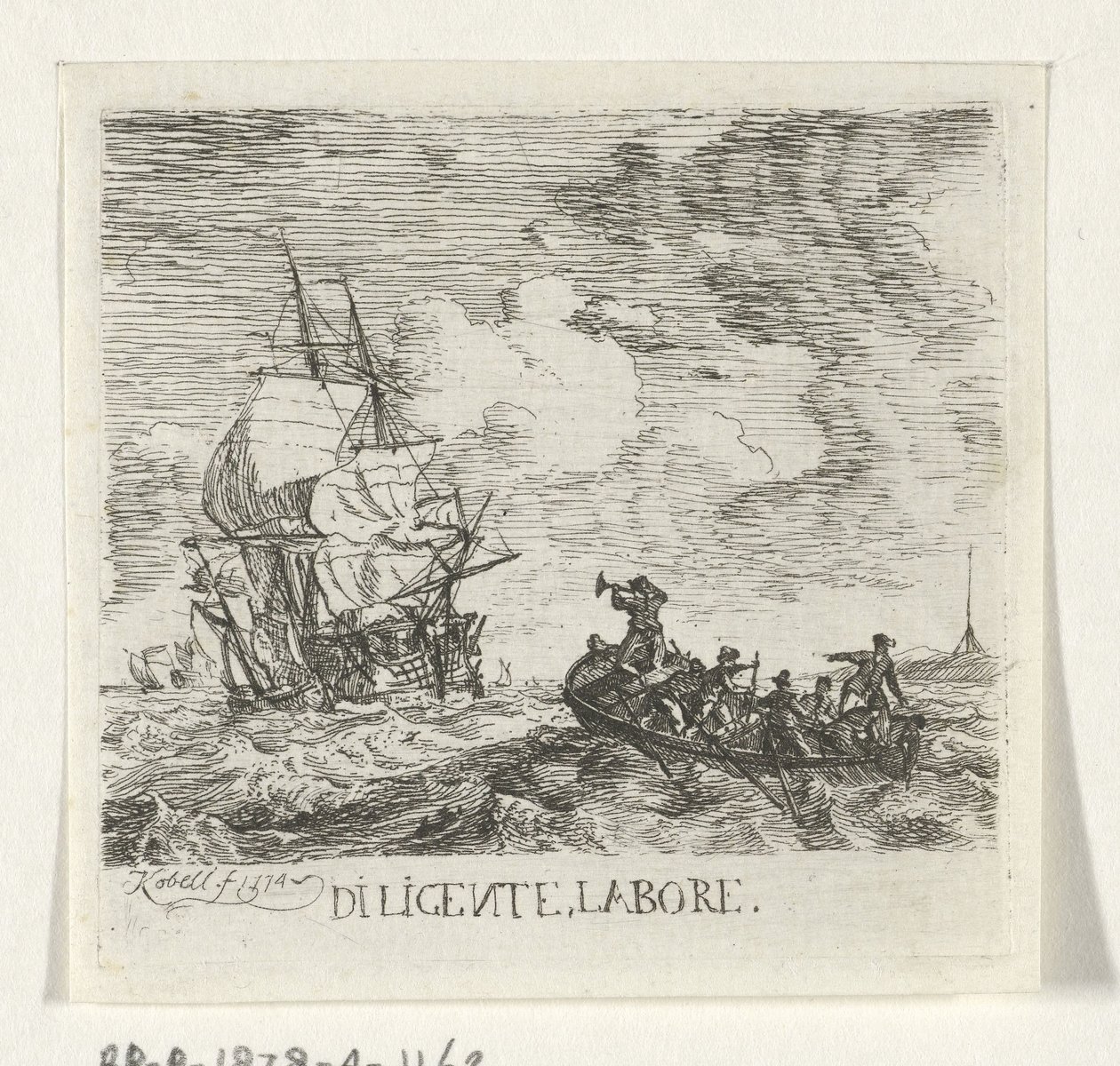 Vilda vatten med olika båtar Diligente, labore (titel på objekt) av Hendrik Kobell