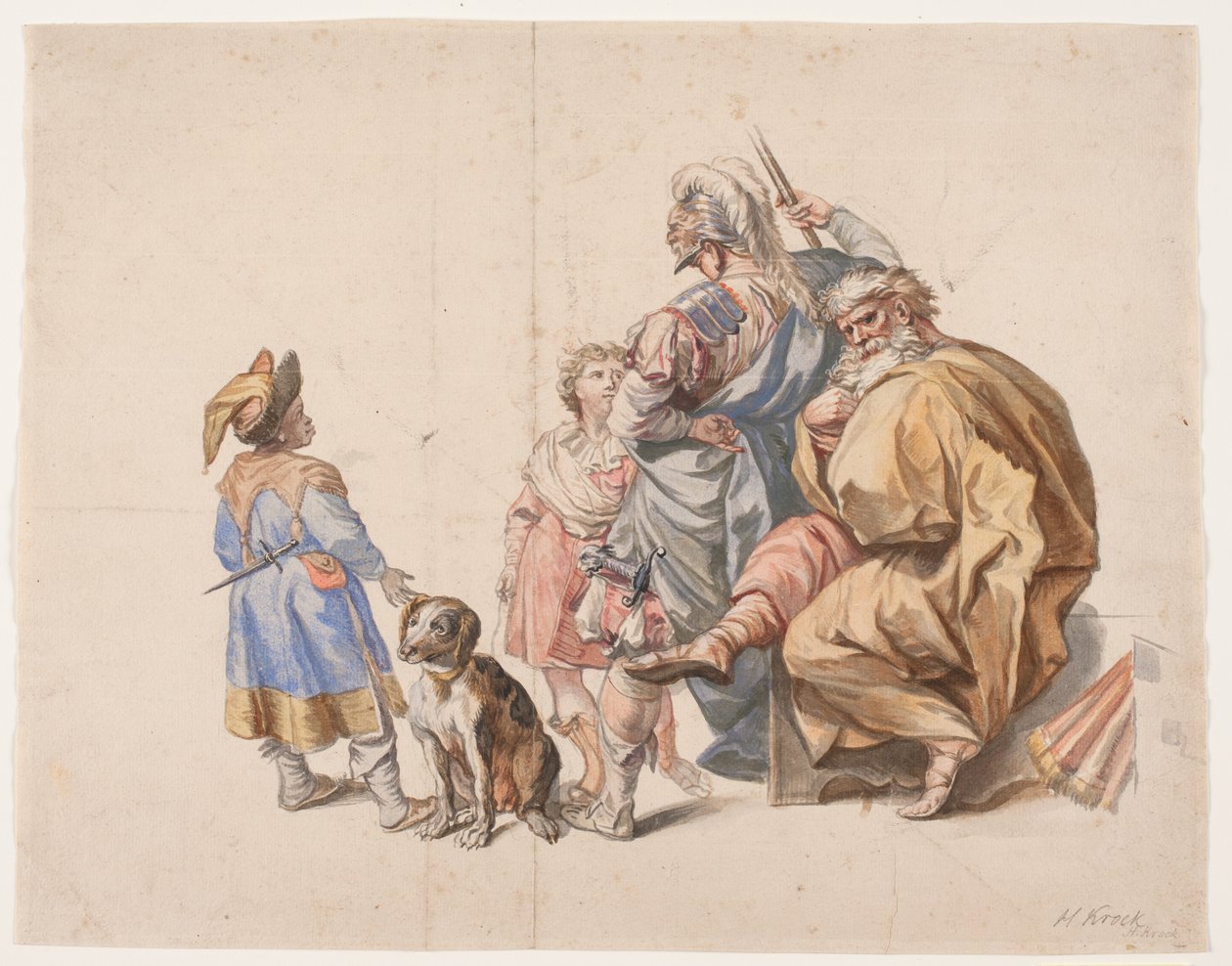 Figurkomposition med svart hovnarr och hund av Hendrik Krock