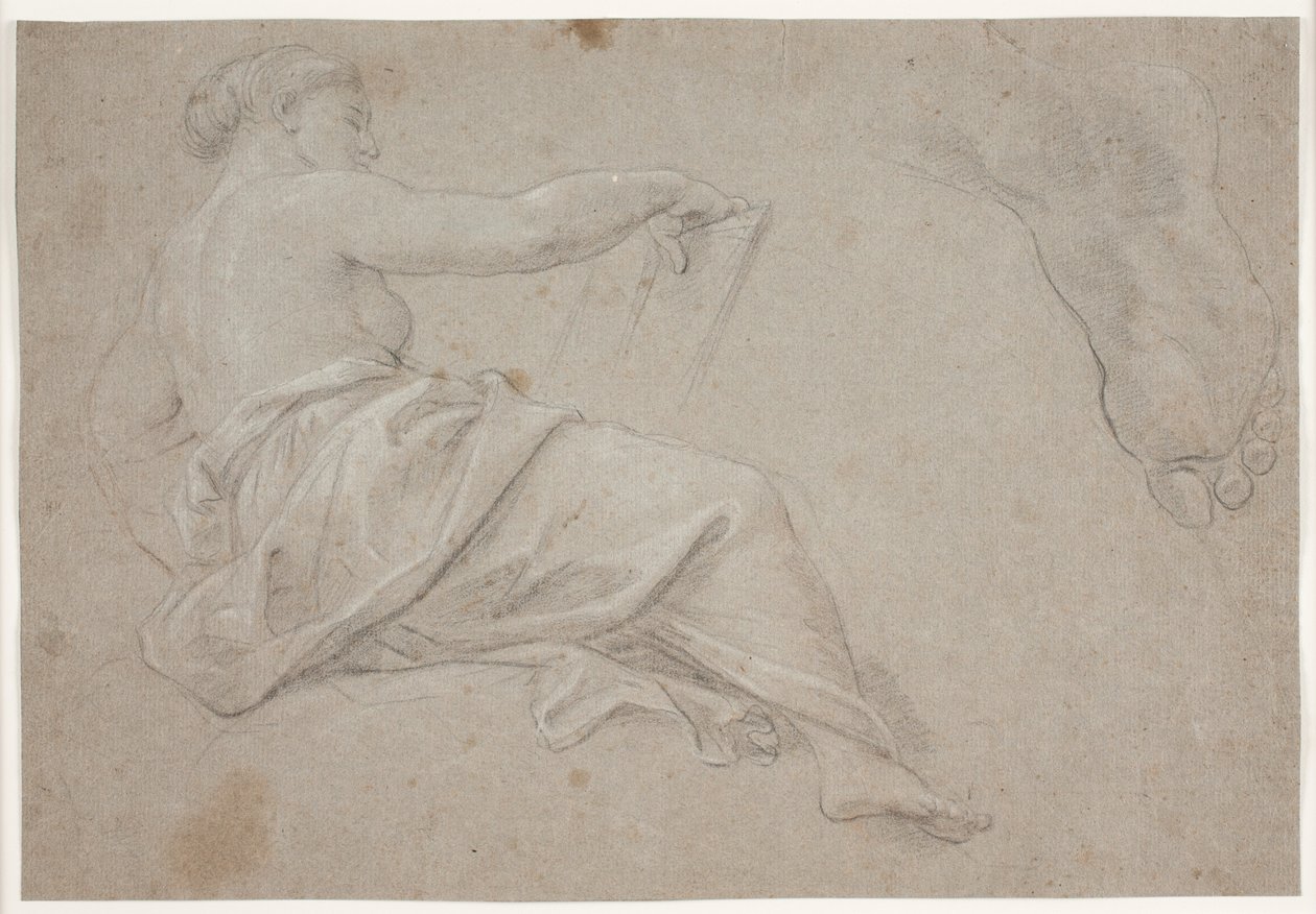 Halvt liggande, draperad kvinnofigur med bok. Studie av en fot av Hendrik Krock
