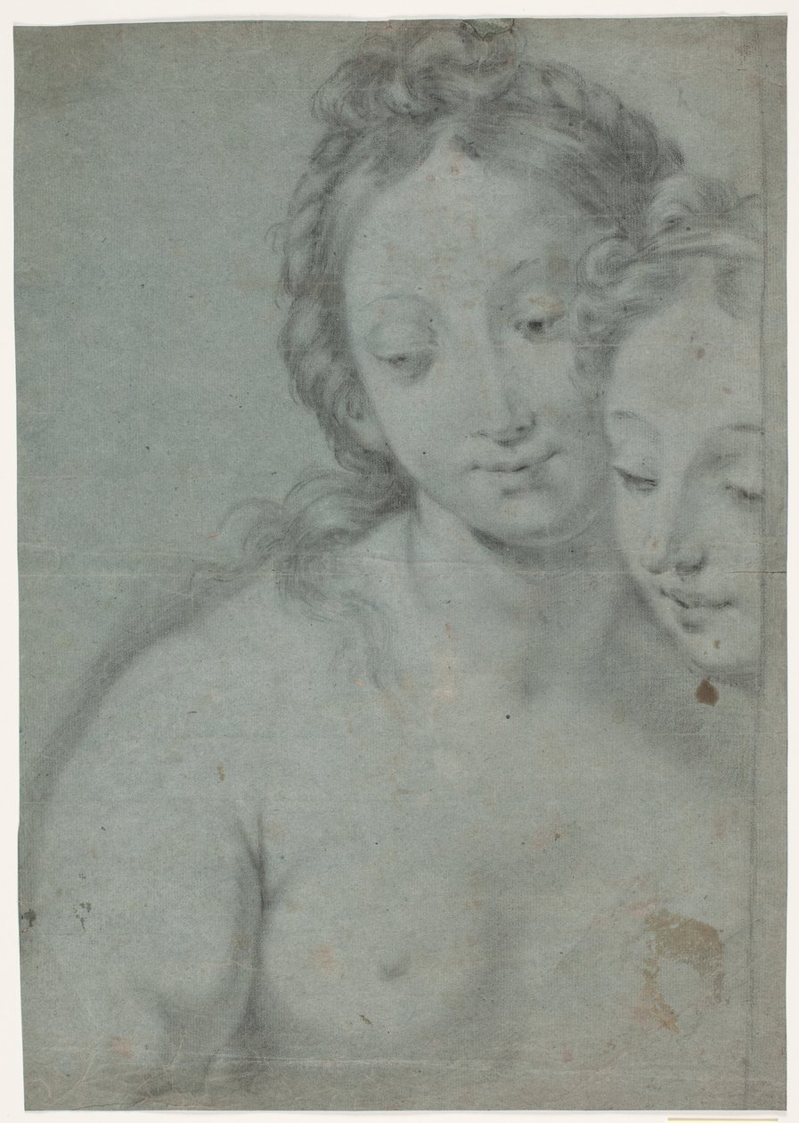 Två kvinnliga huvuden. Studies for the Right Half in Carlo Maratta Painter: Self-Portrait with Marquese Pallavicini, stourhead, National Trust, England (ref. Arte Antica e Moderna, 1961, nr 181) av Hendrik Krock