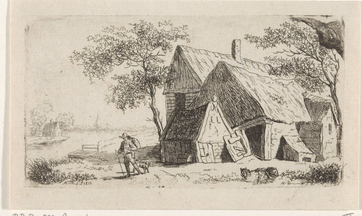 Man med hund på en gård på vattnet av Hendrik Marcus Schouten