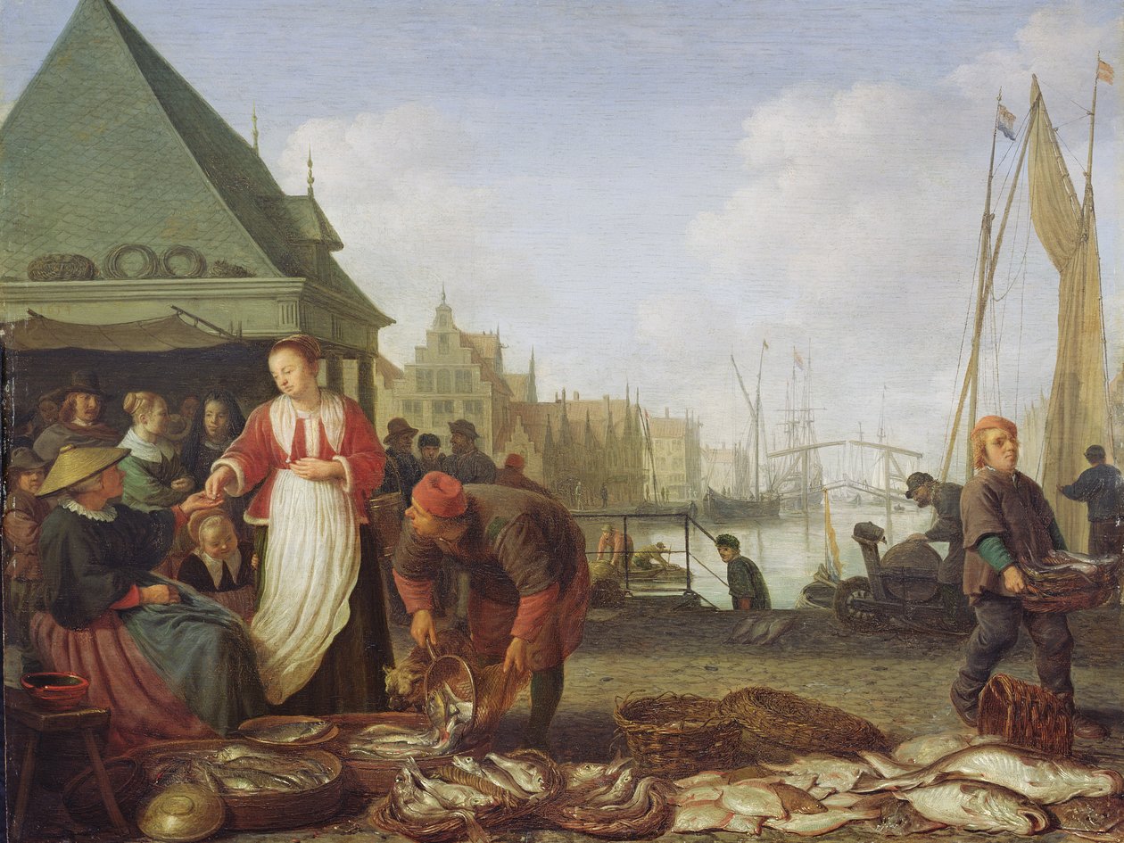 Rotterdams fiskmarknad (olja på ekpanel) av Hendrik Martensz Sorgh