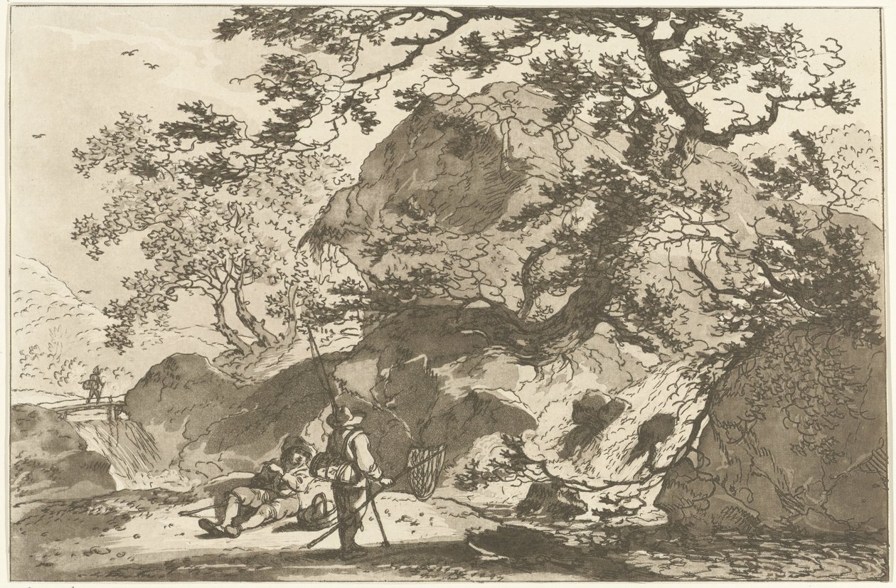 Landschap met een visser en een rustende man Tolv mönster beräknade för användning av dem som lär sig att rita landskap (serietitel) av Hendrik Meijer