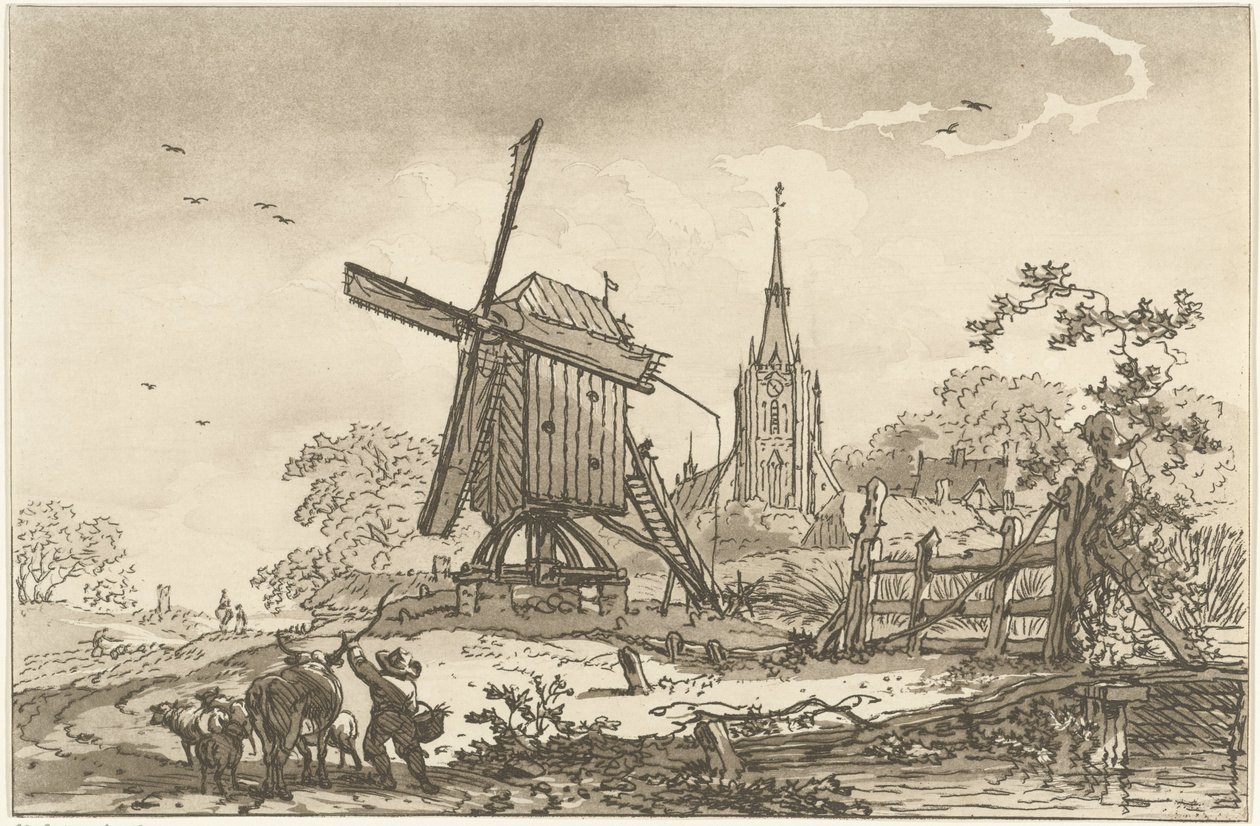 Landskap med väderkvarn och kyrka Tolv mönster beräknade för användning av dem som lär sig att rita landskap (serietitel) av Hendrik Meijer