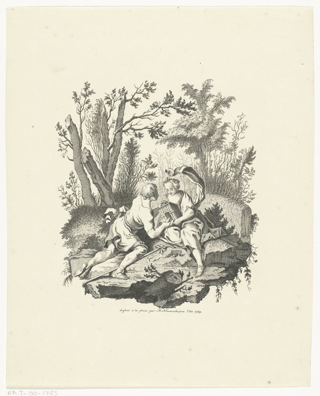 Herde och herdinna med fågel och fågelholk av Hendrik Nieuwenhuysen