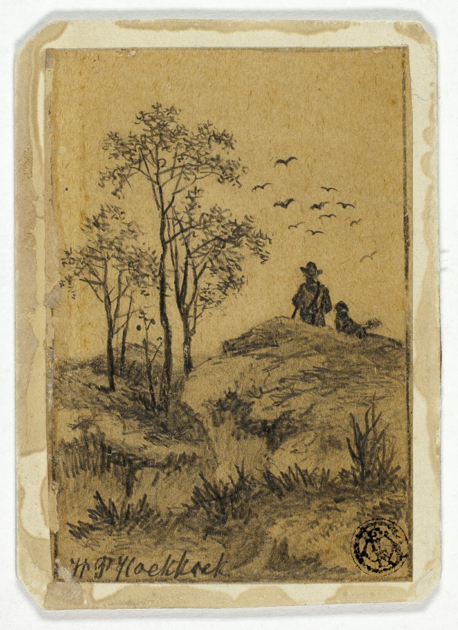 Jägare och hund på kullen tittar på fåglar av Hendrik Pieter Koekkoek