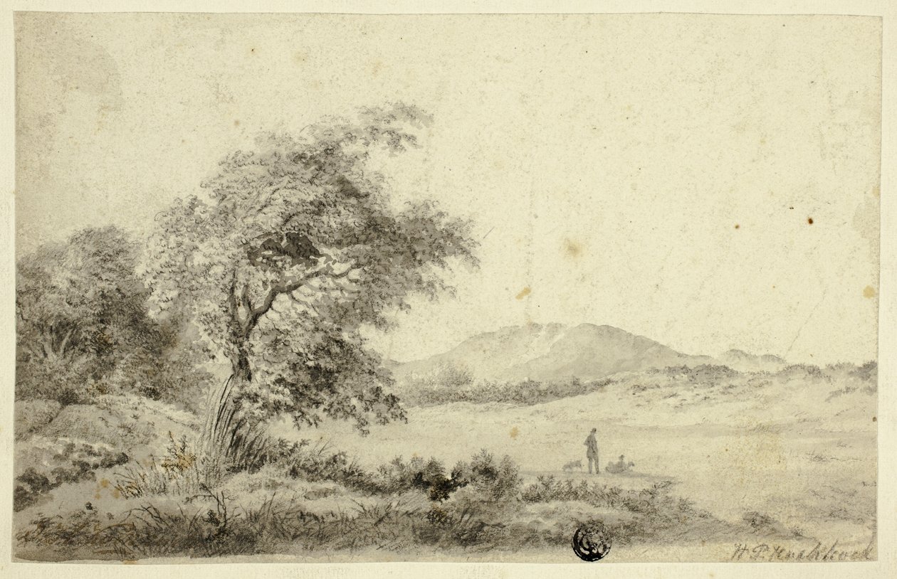 Landskap med par och hund av Hendrik Pieter Koekkoek