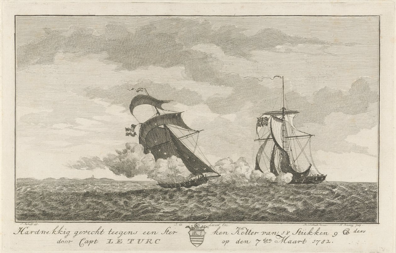 Kamp mot en stark skärare, 1782 Envis kamp mot en stark kotter av 18 stycken (...) av kapten: Le Turc den 7 mars 1782 (titel på objekt) av Hendrik Roosing