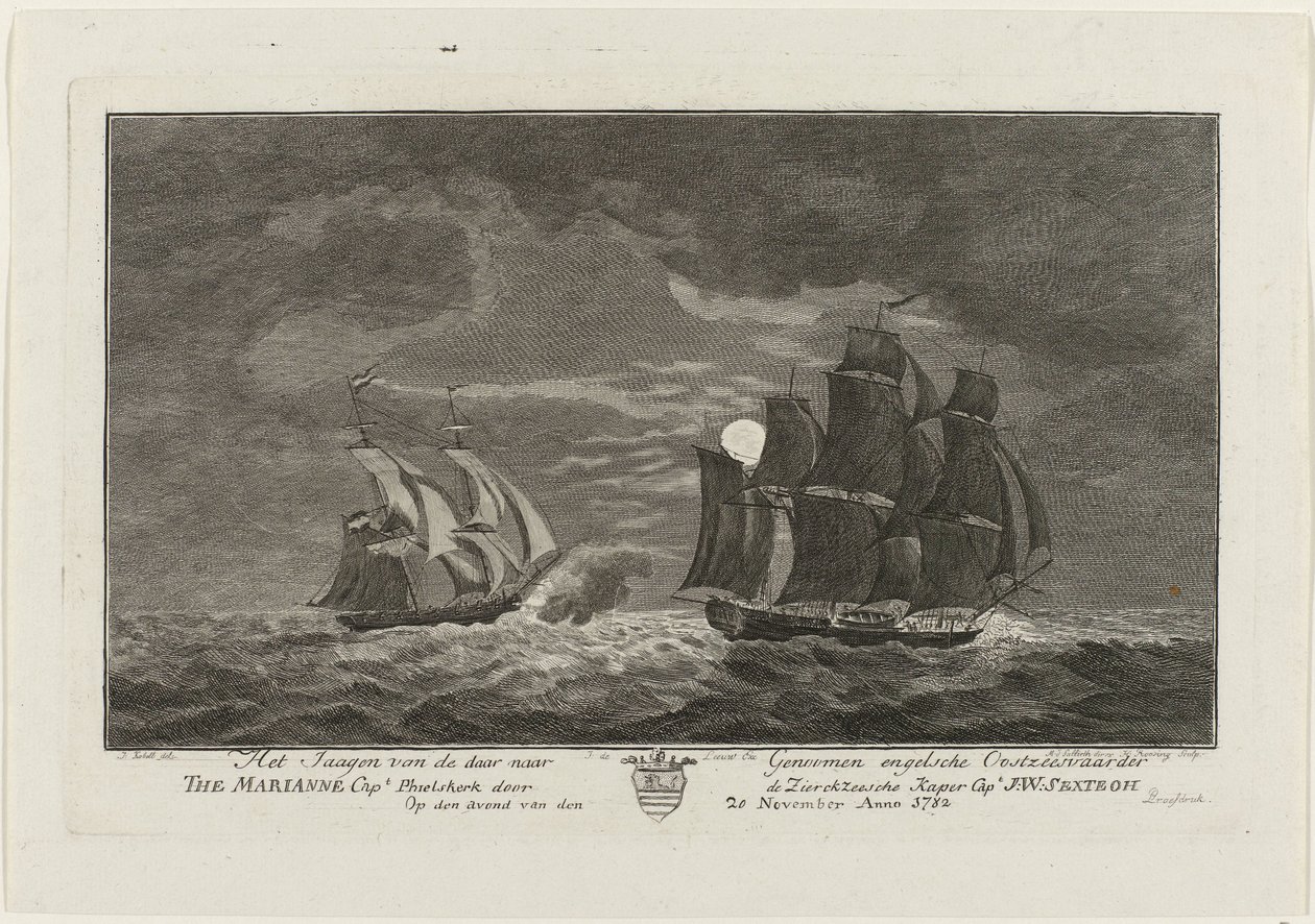 Sextroh jagar på Marianne, 1782 Jakten på den engelska östersjöfararen där till genom Marianne Capt. Philskerk av Zierikzeesche Kaper Capt. J:W:Sextroh På kvällen den 20 november Anno 1782 (titel på objekt) av Hendrik Roosing