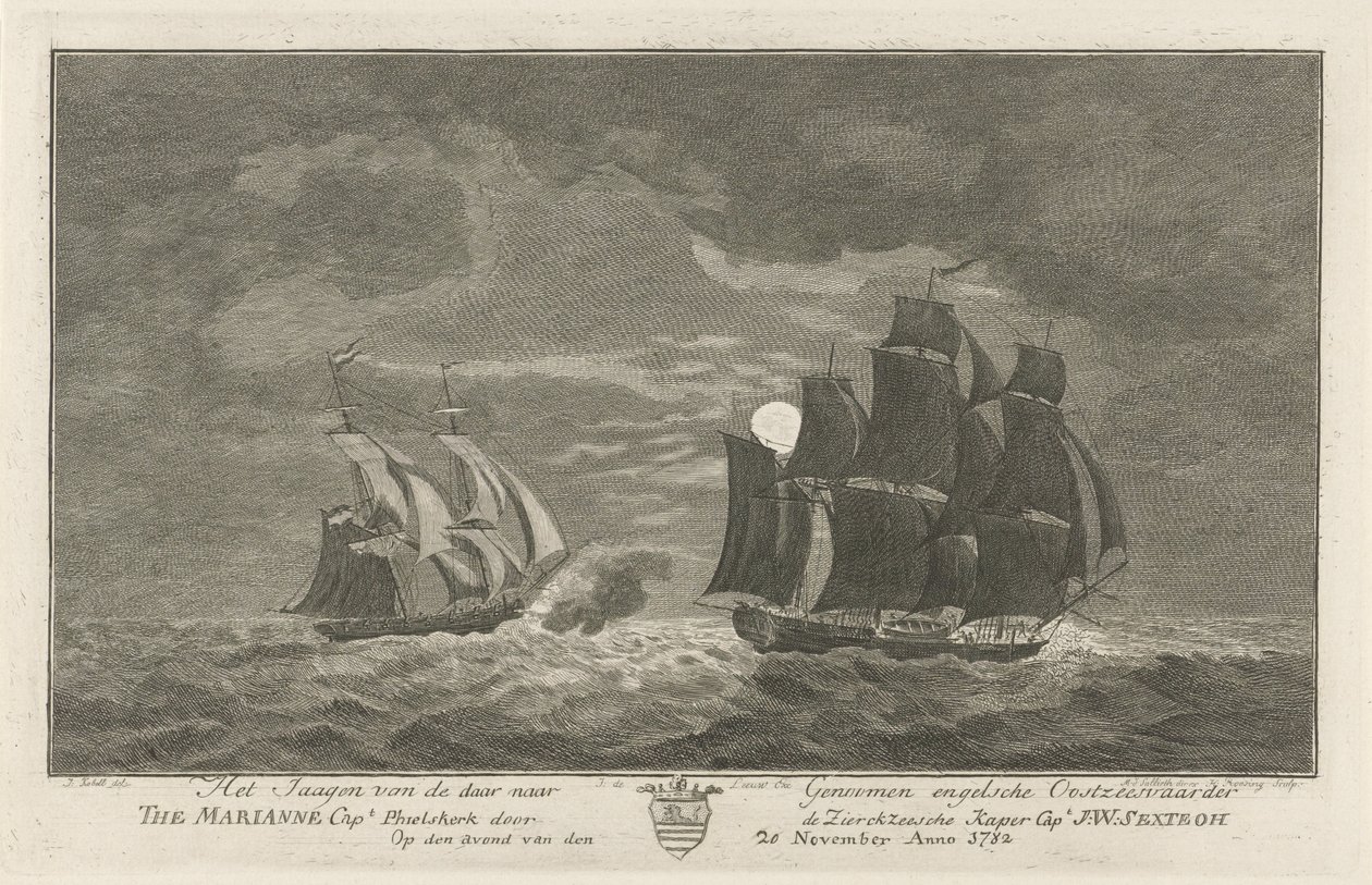Sextroh jagar på Marianne, 1782 Jakten på den engelska östersjöfararen där till genom Marianne Capt. Philskerk av Zierikzeesche Kaper Capt. J:W:Sextroh På kvällen den 20 november Anno 1782 (titel på objekt) av Hendrik Roosing