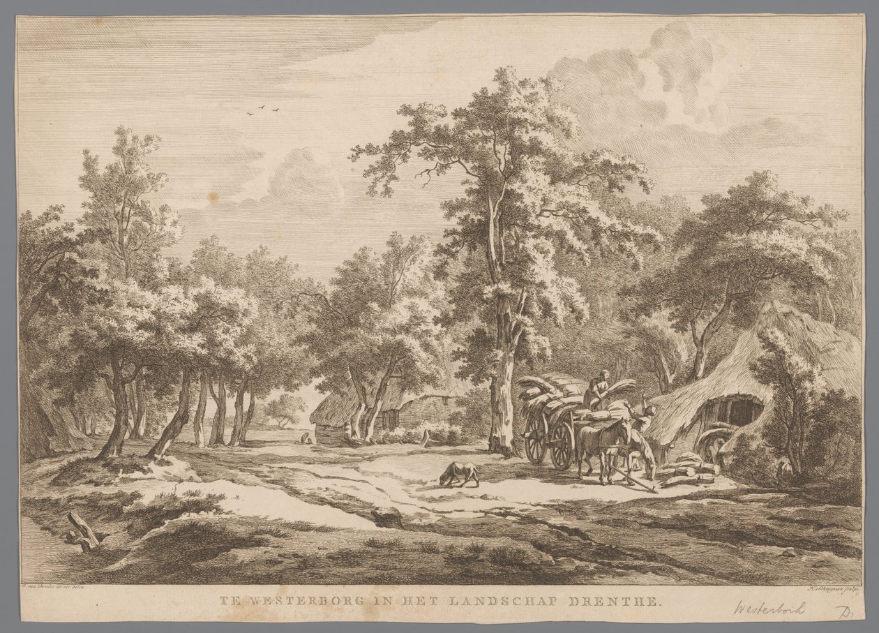 Landskap med hövagn nära Westerbork I Westerborg i landskapet Drenthe (titel på objekt) Nio ansikten i Drenthe (serietitel) IX ansikten i och nära Drenthes landskap (serietitel) av Hendrik Schwegman