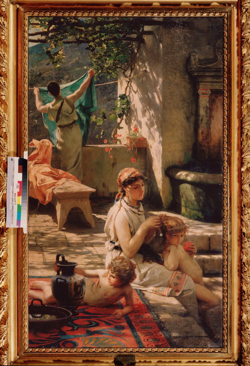 Vid brunnen. (En kvinna sköter sitt barns hår, en annan hänger ut tvätten). Målning av Henryk Siemiradzki (1843-1902), olja på duk av Henryk Siemiradzki