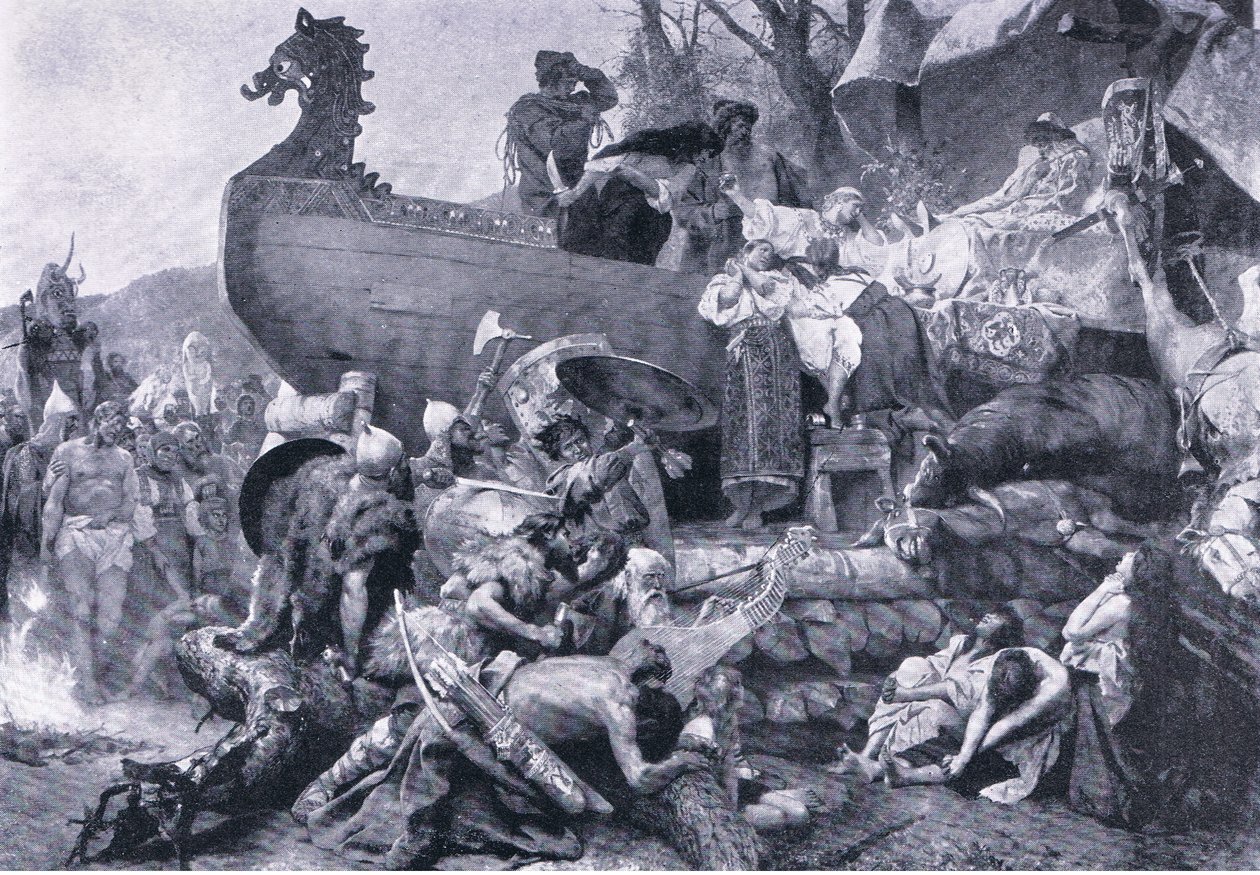Kremering av en hövding i östra Ryssland från 900-talet, illustration från Landmarks in European History publicerad av Gresham Publishing Co, ca 1920 (litho) av Henryk Siemiradzki