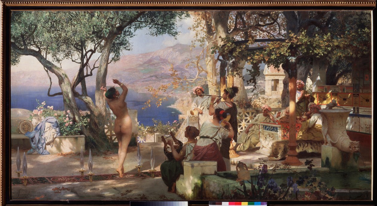 Sabeltans. (En naken kvinna dansar mellan svärd balanserade på terrassen i en italiensk villa, till ljudet av en lyra och en flöjt). Målning av Henryk Siemiradzki (1843-1902), olja på duk av Henryk Siemiradzki