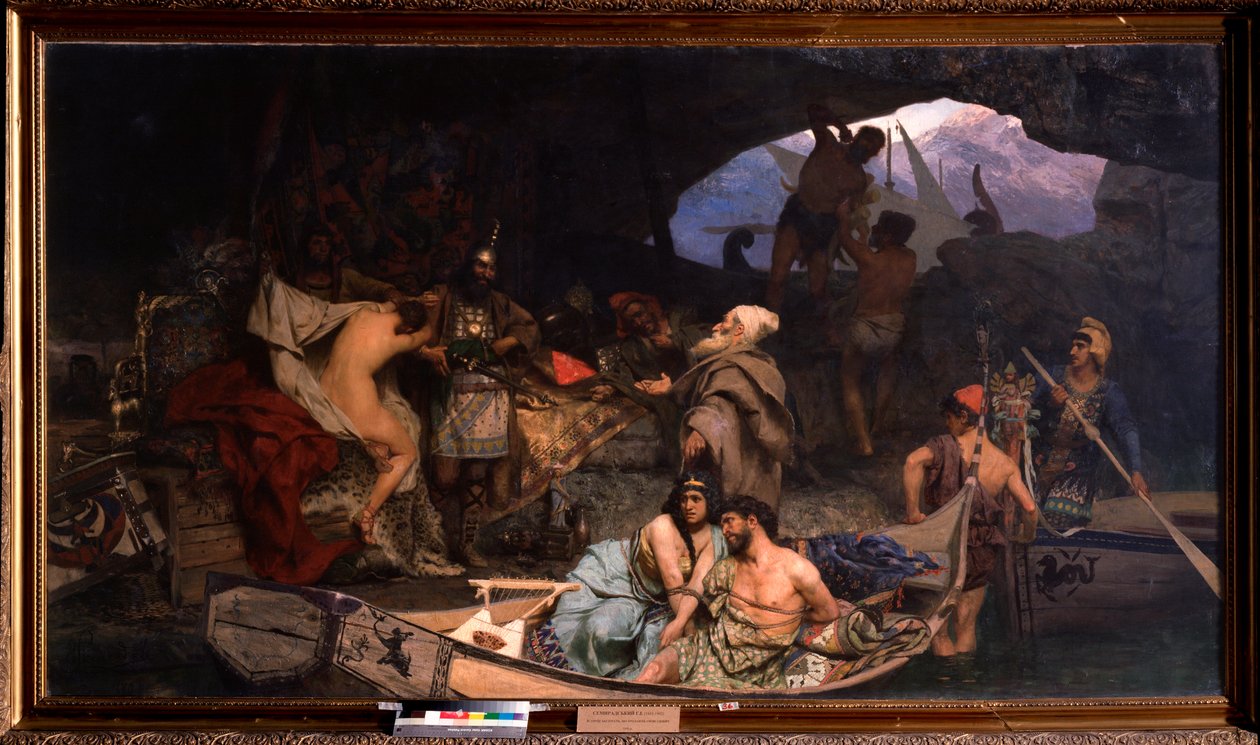 Korsarerna. (Scen där de tar tillbaka sitt byte och sina fångar (gisslan) i en grotta). Målning av Henryk Siemiradzki (1843-1902), olja på duk av Henryk Siemiradzki
