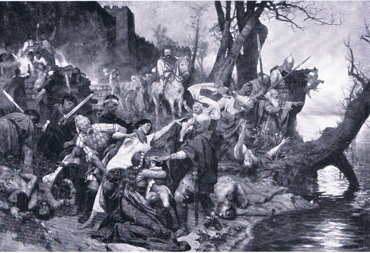 Sviatoslavs krigare vid massakern under Dexters murar (Durostorum), illustration från Landmarks in European History publicerad av Gresham Publishing Co, c.1920 (litho) av Henryk Siemiradzki