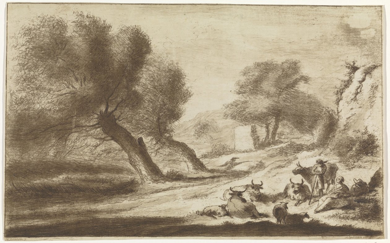 Landskap med vilande herdar och boskap av Hendrik Spilman