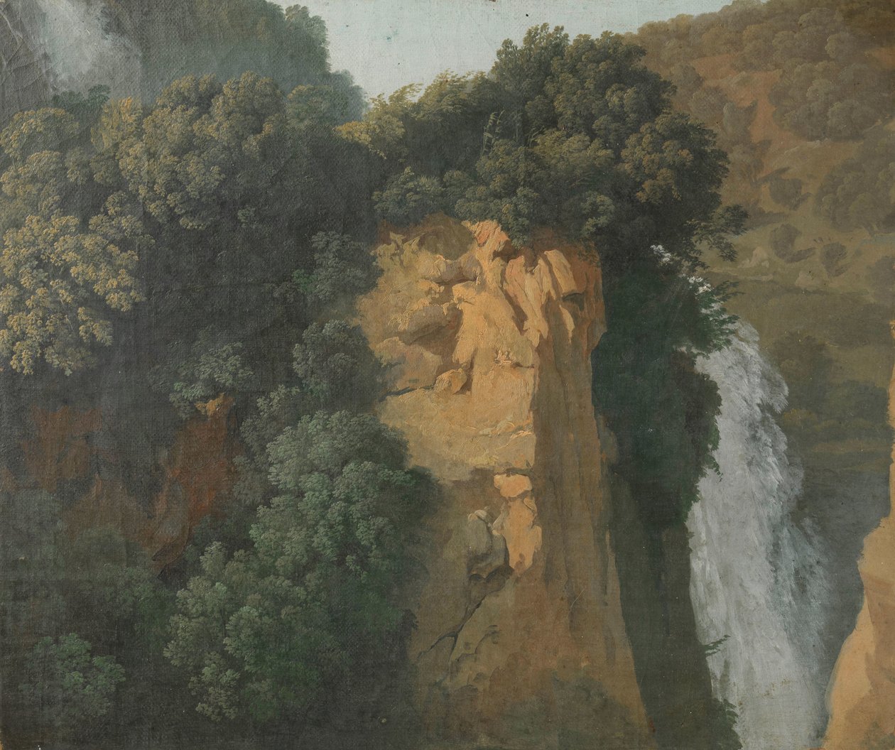 Bevuxna klippor med vattenfall i Italien, kanske vid Tivoli av Hendrik Voogd (attributed to)