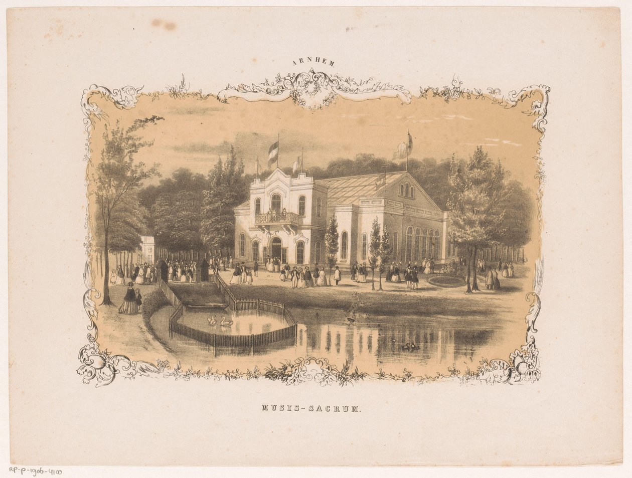 Utsikt över Arnhems konserthus Musis sacrum (titel på objekt) Arnhem (serietitel på objekt) av Hendrik Wilhelmus Last (attributed to)